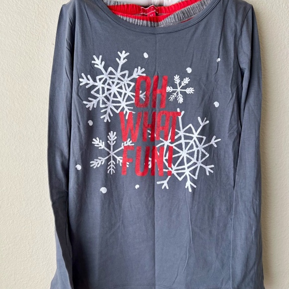 Holiday PJs Set Oh What Fun Gray Red Stripe Snowflake Fleece Long Sleeve Small - Picture 2 of 16
